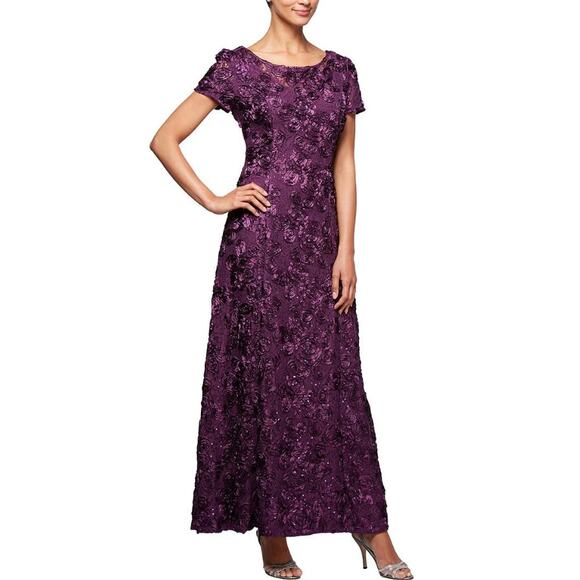ALEX EVENINGS Women's Rosette Lace A-Line Gown Size 12 Purple Eggplant NWT - Picture 1 of 12